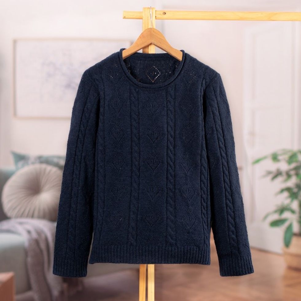 Cable Knit and Geometric Patterned Blue 100 Alpaca Sweater 'Blue Florentine'