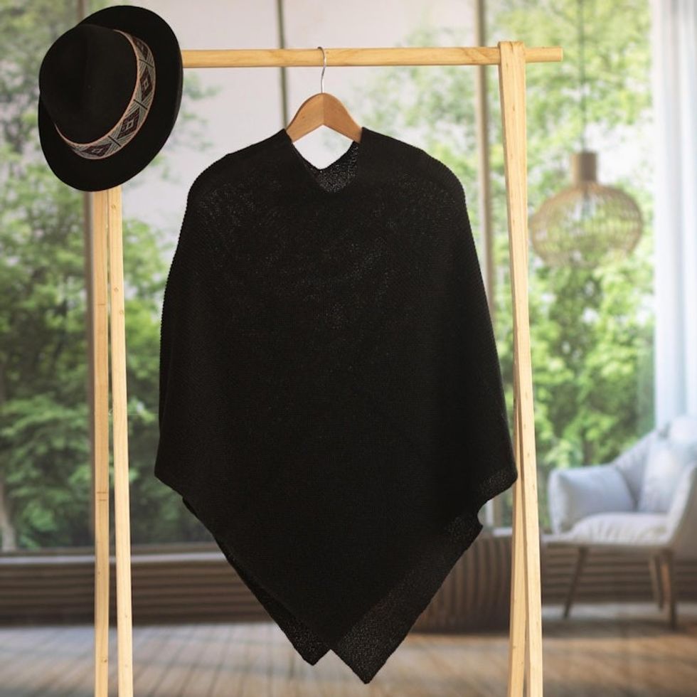 Knit 100 Alpaca Black Poncho from Peru 'Enchanted Evening in Black'