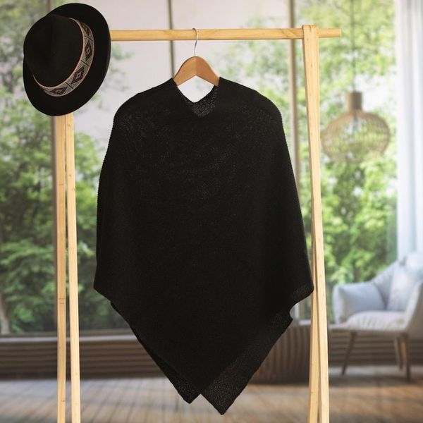 Alternate image for Knit 100 Alpaca Black Poncho from Peru Enchanted Evening in Black