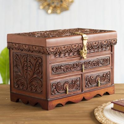 Alternate image for Leather and Wood Wood Jewelry Box with Bird Motifs Paradise Memories