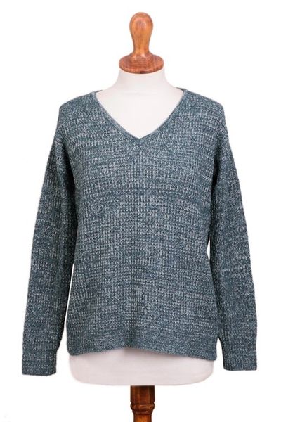 Alternate image for Azure Blue Baby Alpaca Blend Long Sleeve V-Neck Knit Sweater Mesa Mist