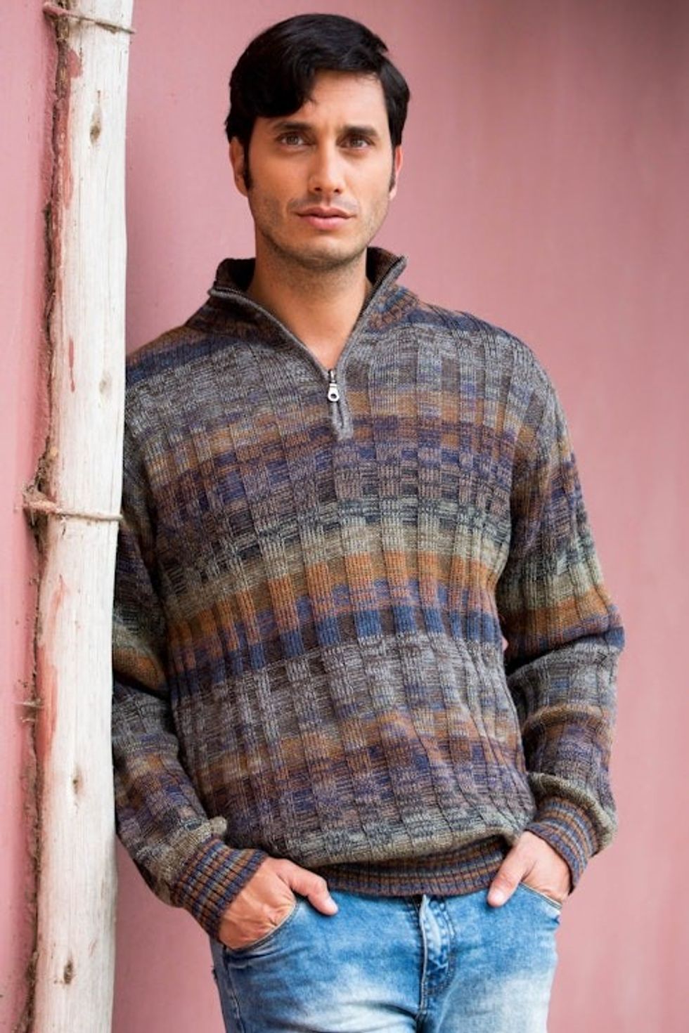 Peruvian 100 Alpaca Men's Sweater with Zipper 'Traveler'