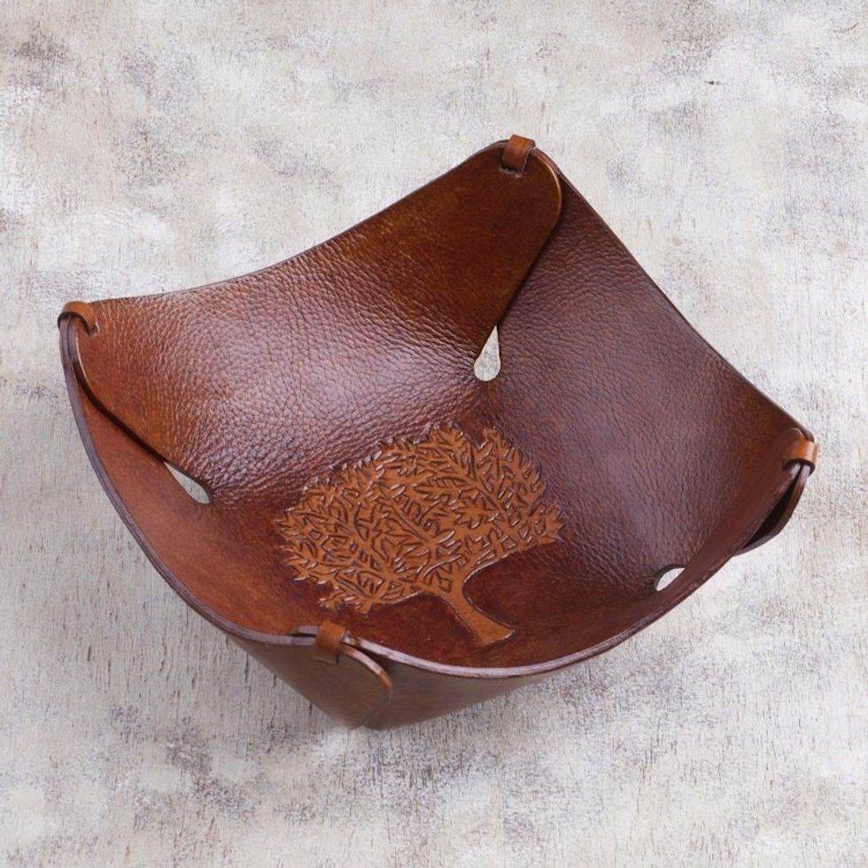 Tree of Life Artisan Crafted Tooled Leather Catchall 'Tree of Life'