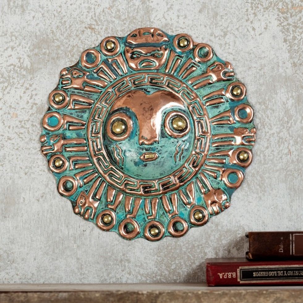 Handcrafted Peruvian Wall Mask in Copper and Bronze 'Sun of Coricancha'