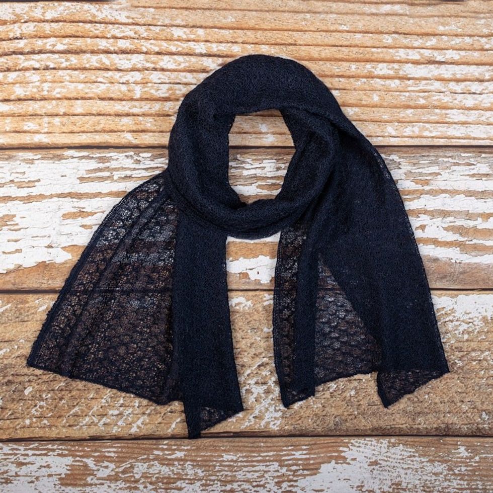 Textured 100 Baby Alpaca Scarf in Navy from Peru 'Midnight Blue Gossamer'