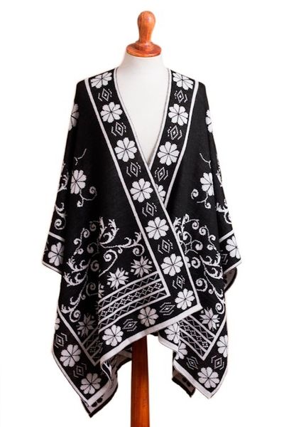 Alternate image for Reversible Alpaca Blend Ruana in Black and White from Peru Inca Garden in Black