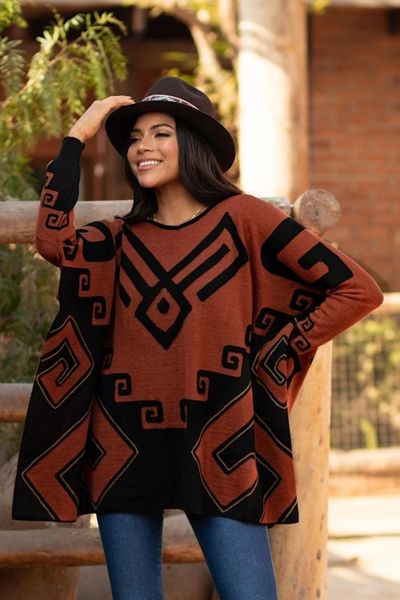 Alternate image for Black and Russet Alpaca Blend Poncho from Peru Inca Contrast