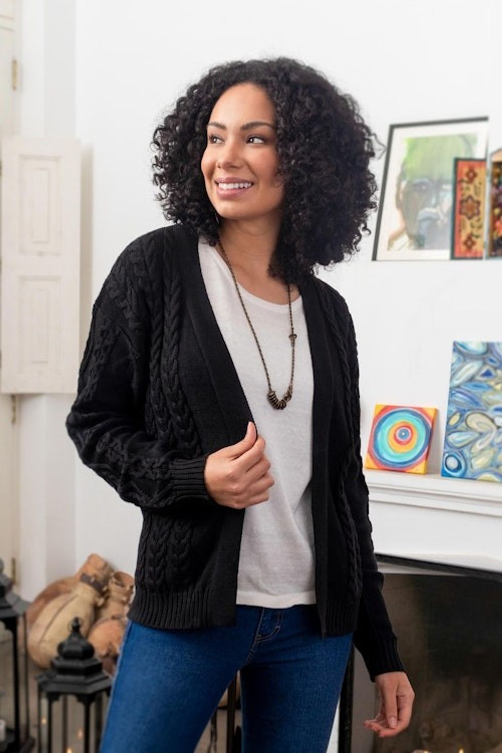 Eco Friendly Black Cable Knit Open Front Cardigan 'Black Cable Classic'