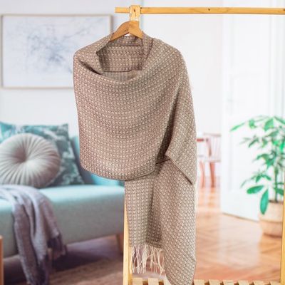 Alternate image for Handwoven Patterned Alpaca Blend Shawl in Sepia and Ivory Sepia Beauty