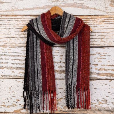 Alternate image for Red and Gray Baby Alpaca Blend Hand-woven Striped Scarf Reds and Grays