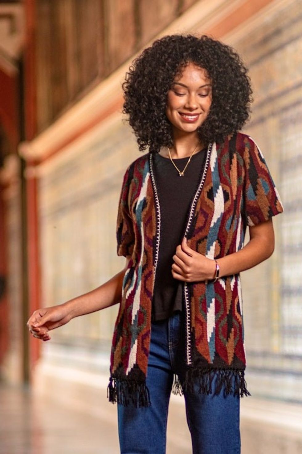 Inca-Inspired 100 Alpaca Cardigan Sweater in a Kimono Style 'Ceremonial Icons'