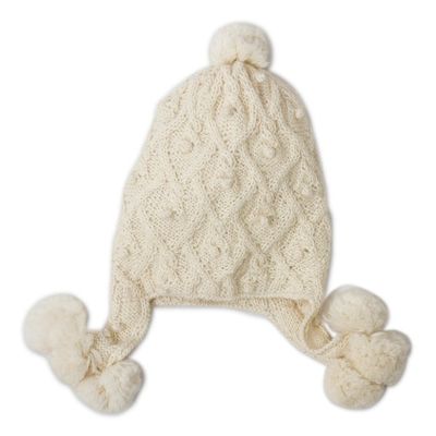 Alternate image for Diamond Pattern 100 Alpaca Knit Hat in Alabaster from Peru Diamond Elegance in Alabaster