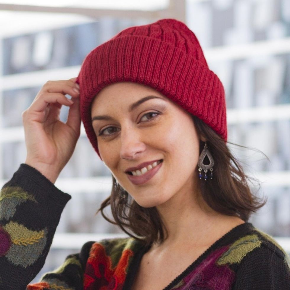 Crimson Red 100 Alpaca Soft Cable Knit Hat from Peru 'Comfy in Red'