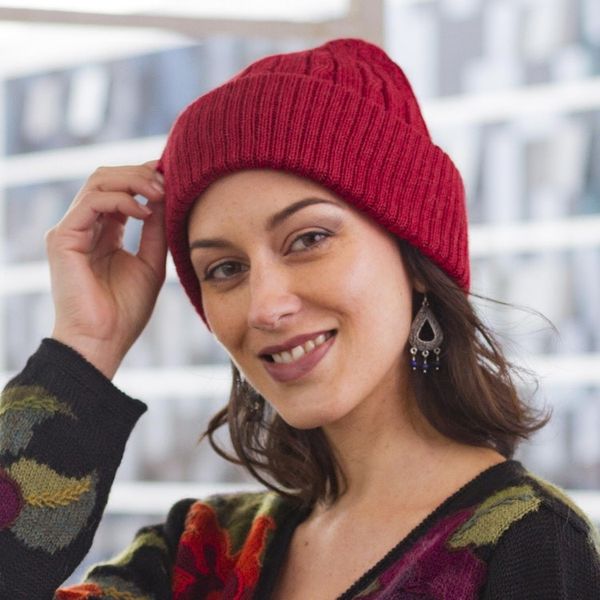 Alternate image for Crimson Red 100 Alpaca Soft Cable Knit Hat from Peru Comfy in Red