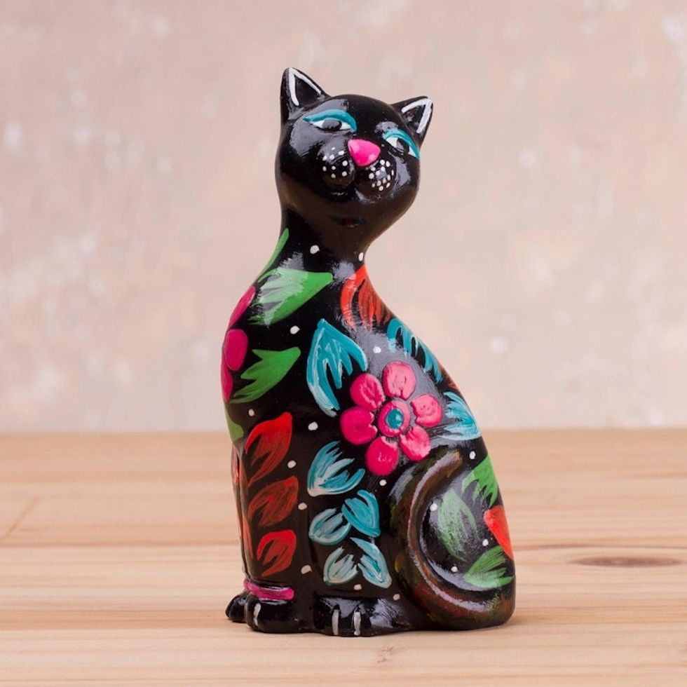Ceramic Figurine of a Floral Black Cat from Peru 'Sweet Cat in Black'