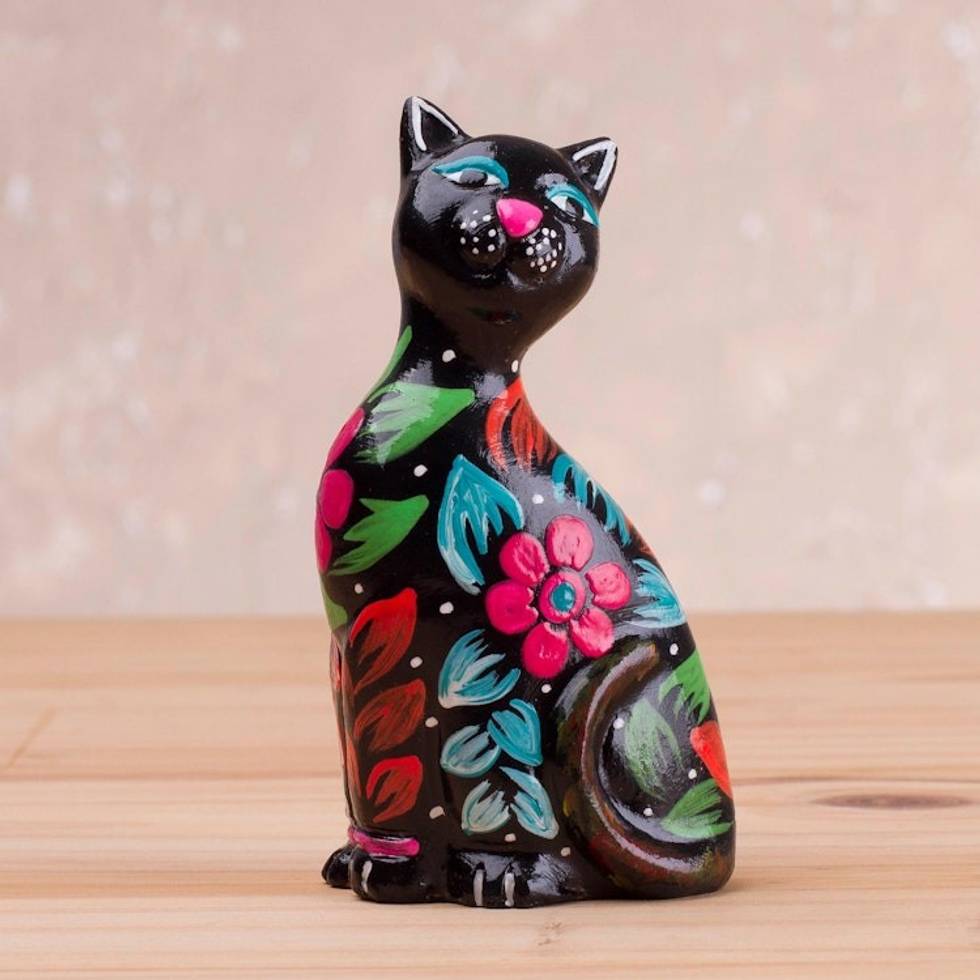 Ceramic Figurine of a Floral Black Cat from Peru 'Sweet Cat in Black'
