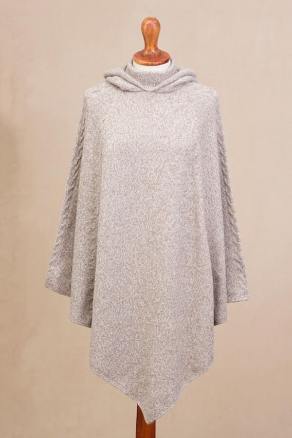 Alternate image for Knit Alpaca Blend Hooded Poncho in Taupe from Peru Adventurous Style in Taupe