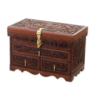 Alternate image for Leather and Wood Wood Jewelry Box with Bird Motifs Paradise Memories