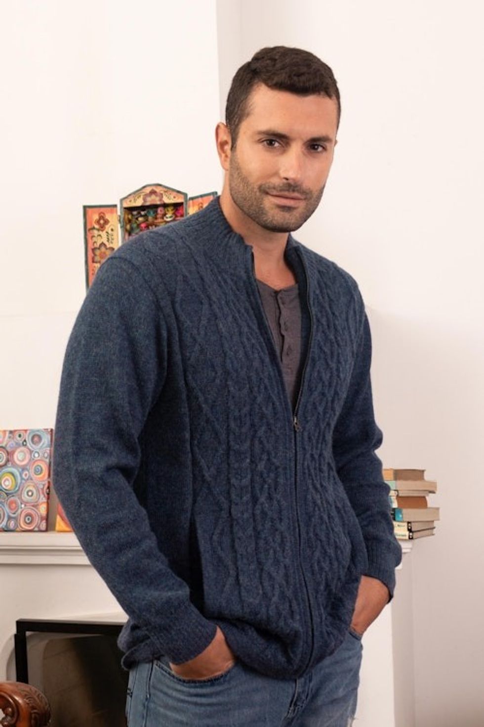 Prussian Blue Alpaca Cable Knit Zip Front Men's Cardigan 'Cozy Prussian Blue'