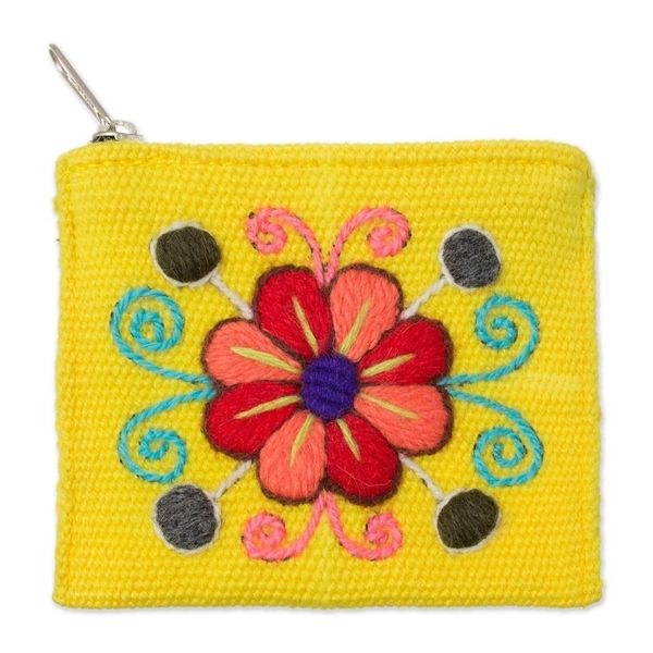 Alternate image for Embroidered Floral Maize Alpaca Blend Coin Purse from Peru Maize Flower