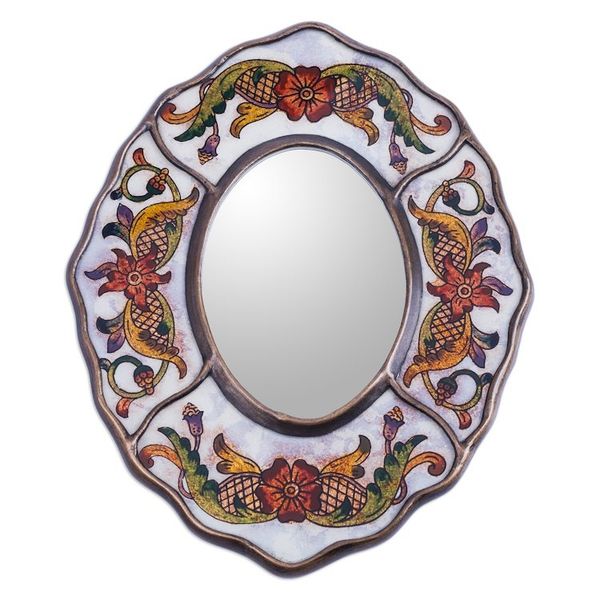Alternate image for Aged White Reverse Painted Glass Wall Mirror from Peru White Colonial Wreath