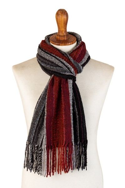 Alternate image for Red and Gray Baby Alpaca Blend Hand-woven Striped Scarf Reds and Grays