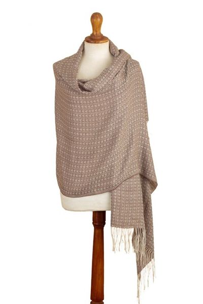 Alternate image for Handwoven Patterned Alpaca Blend Shawl in Sepia and Ivory Sepia Beauty