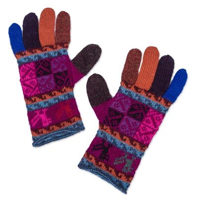 Alternate image for Artisan Crafted 100 Alpaca Multi-Colored Gloves from Peru Peruvian Patchwork in Magenta