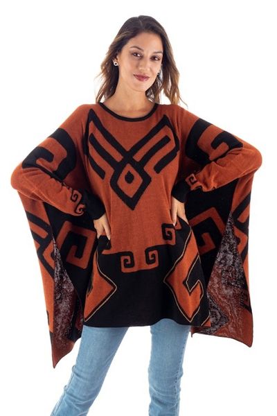 Alternate image for Black and Russet Alpaca Blend Poncho from Peru Inca Contrast