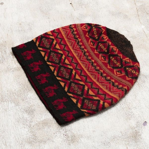 Alternate image for Red and Orange on Black Diamond Motif Alpaca Blend Knit Hat Alpaca Sunrise