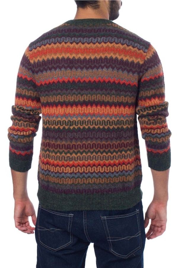 Alternate image for Multicolor Alpaca Mens Sweater with Forest Green Andean Homeland