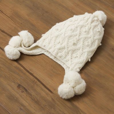 Alternate image for Diamond Pattern 100 Alpaca Knit Hat in Alabaster from Peru Diamond Elegance in Alabaster