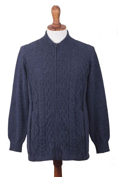 Alternate image for Prussian Blue Alpaca Cable Knit Zip Front Mens Cardigan Cozy Prussian Blue