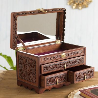 Alternate image for Leather and Wood Wood Jewelry Box with Bird Motifs Paradise Memories