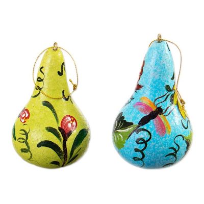 Alternate image for Set of Two Floral Blue and Yellow Dried Gourd Ornaments Floral Homes