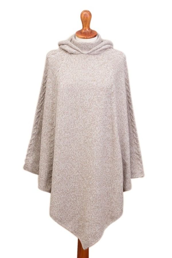 Alternate image for Knit Alpaca Blend Hooded Poncho in Taupe from Peru Adventurous Style in Taupe