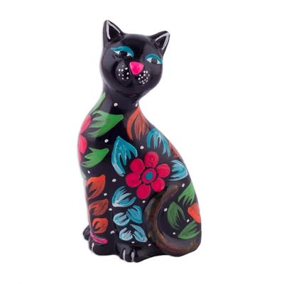 Alternate image for Ceramic Figurine of a Floral Black Cat from Peru Sweet Cat in Black