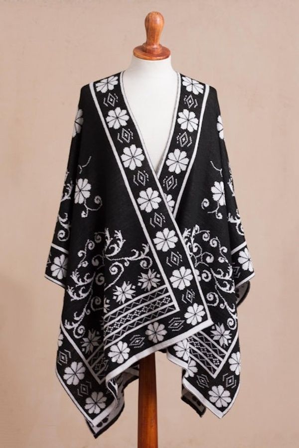 Alternate image for Reversible Alpaca Blend Ruana in Black and White from Peru Inca Garden in Black