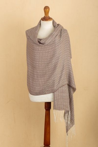 Alternate image for Handwoven Patterned Alpaca Blend Shawl in Sepia and Ivory Sepia Beauty