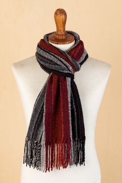 Alternate image for Red and Gray Baby Alpaca Blend Hand-woven Striped Scarf Reds and Grays