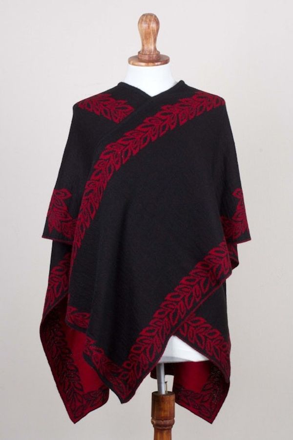 Alternate image for Black and Red Reversible Alpaca Blend Ruana from Peru Rose Attraction