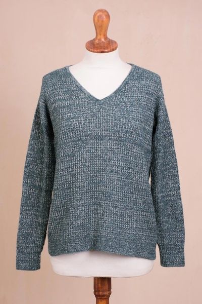 Alternate image for Azure Blue Baby Alpaca Blend Long Sleeve V-Neck Knit Sweater Mesa Mist