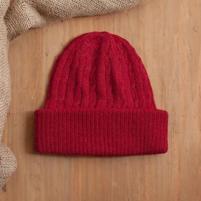 Alternate image for Crimson Red 100 Alpaca Soft Cable Knit Hat from Peru Comfy in Red