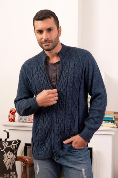 Alternate image for Prussian Blue Alpaca Cable Knit Zip Front Mens Cardigan Cozy Prussian Blue