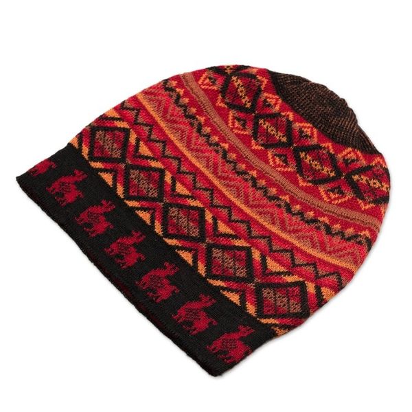 Alternate image for Red and Orange on Black Diamond Motif Alpaca Blend Knit Hat Alpaca Sunrise