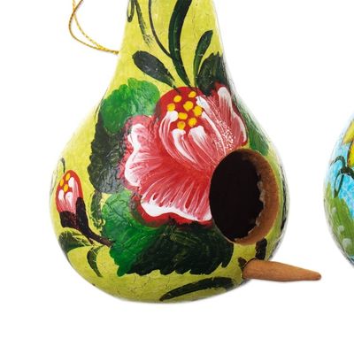 Alternate image for Set of Two Floral Blue and Yellow Dried Gourd Ornaments Floral Homes
