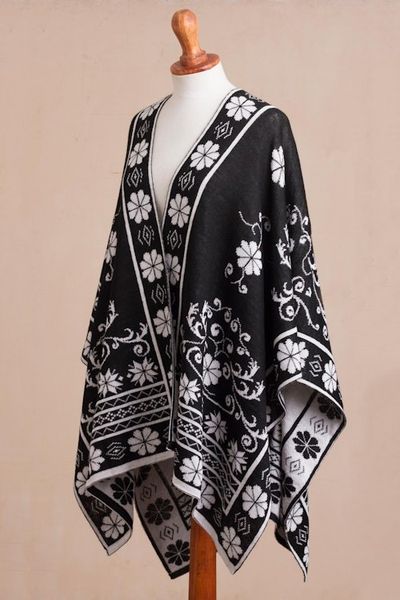 Alternate image for Reversible Alpaca Blend Ruana in Black and White from Peru Inca Garden in Black