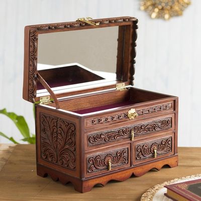 Alternate image for Leather and Wood Wood Jewelry Box with Bird Motifs Paradise Memories
