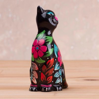 Alternate image for Ceramic Figurine of a Floral Black Cat from Peru Sweet Cat in Black