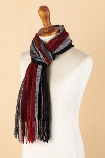 Alternate image for Red and Gray Baby Alpaca Blend Hand-woven Striped Scarf Reds and Grays